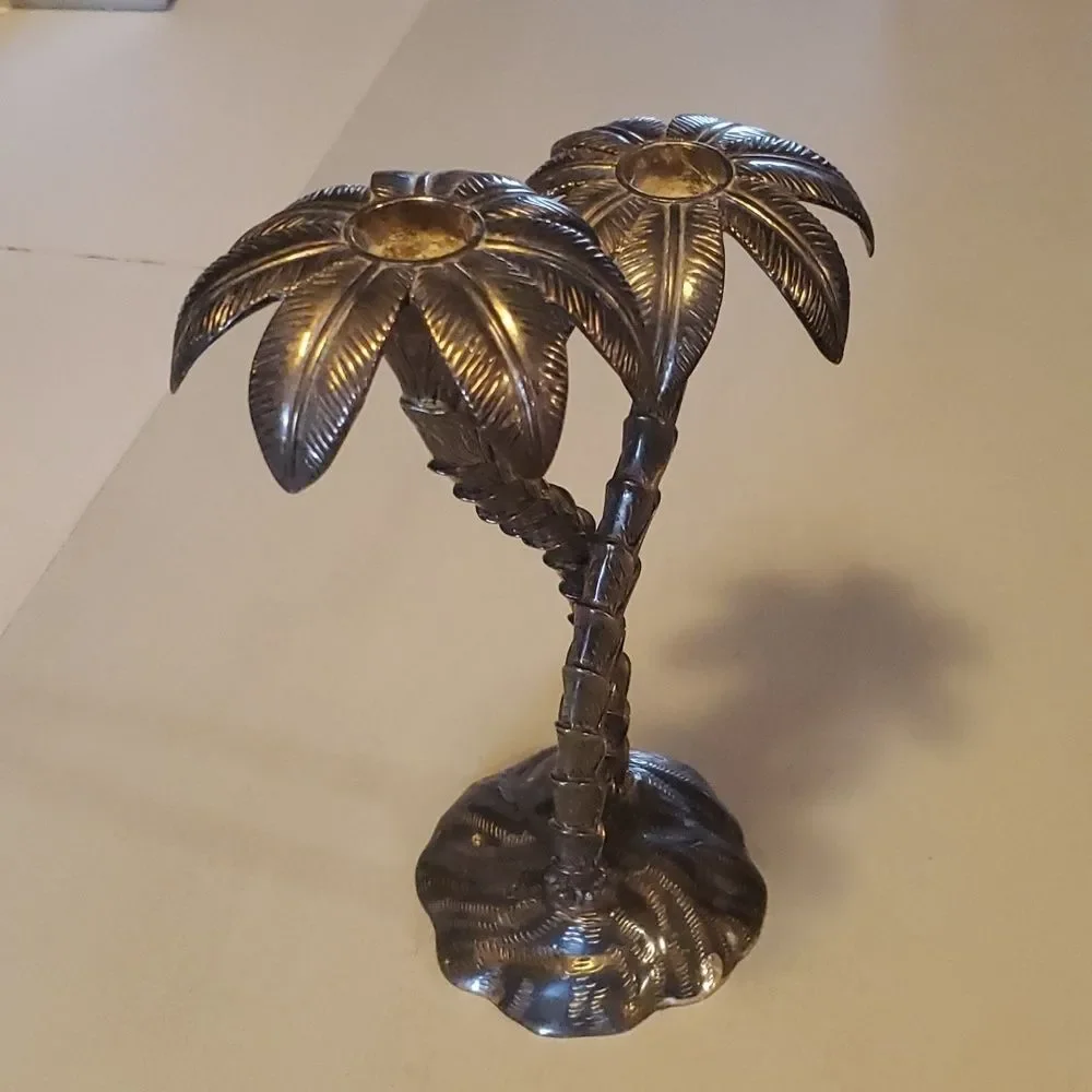 Vintage Godinger Silver Plate Candle Holder Twin Palm Trees